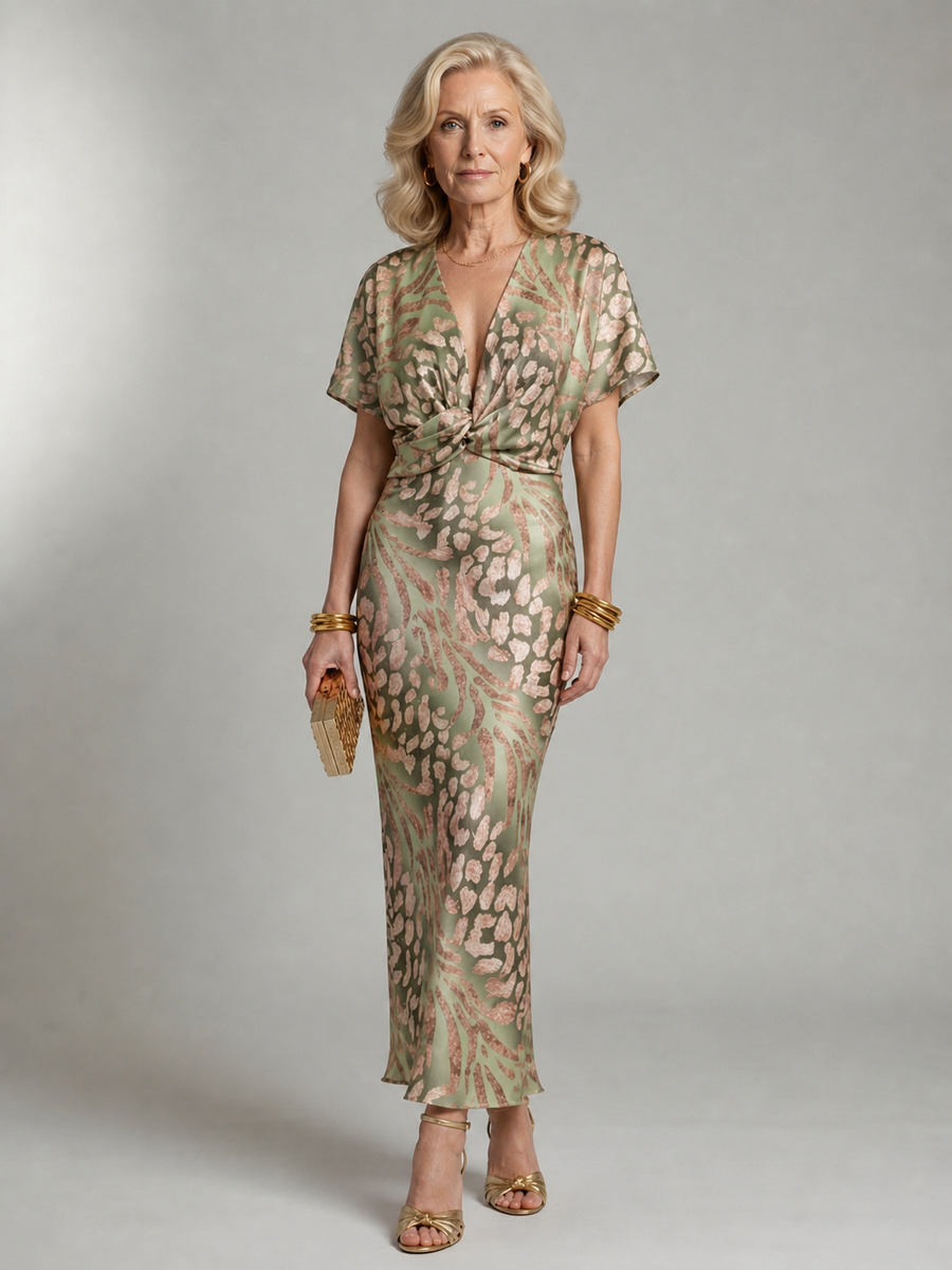 Abstract Print V Neck Twist Waist Midi Dress