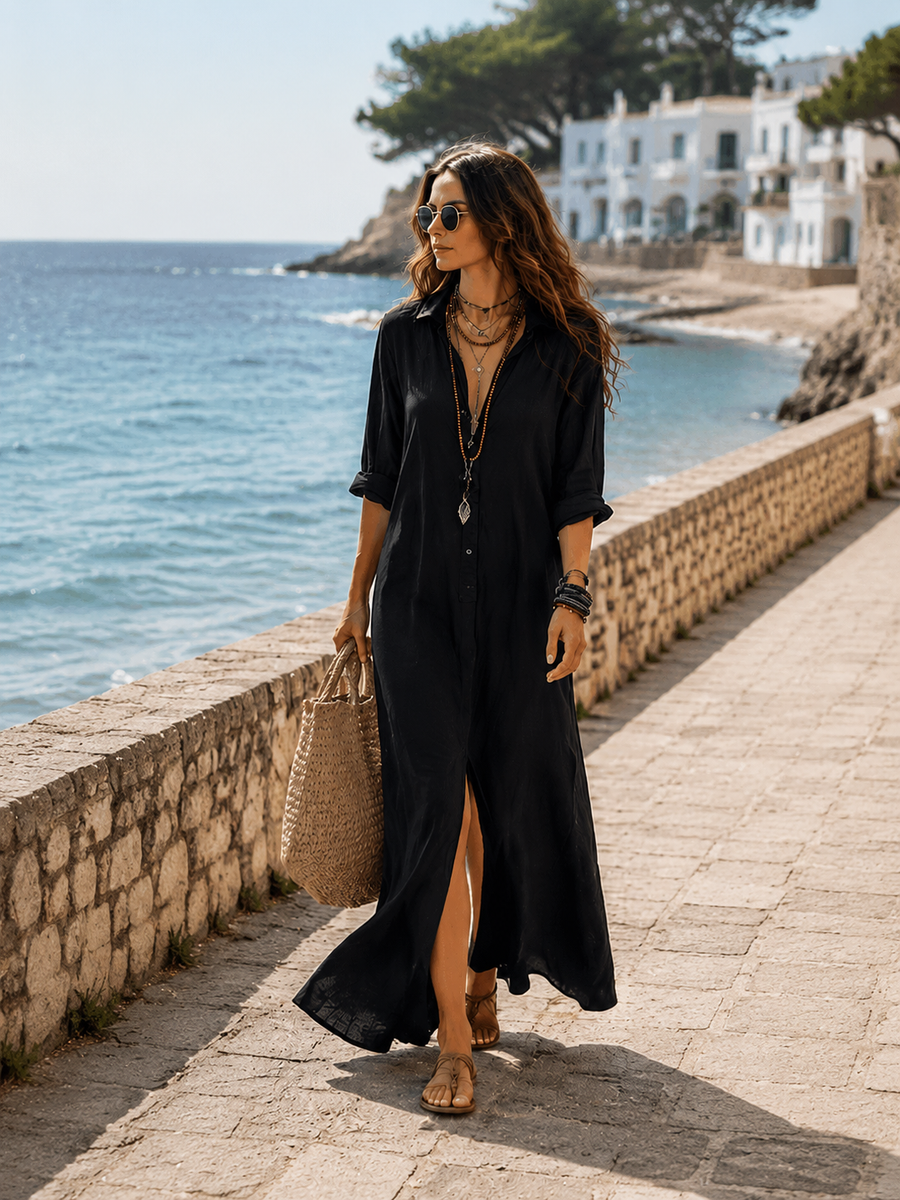 Button-Front Bohemian Shirt Maxi Dress
