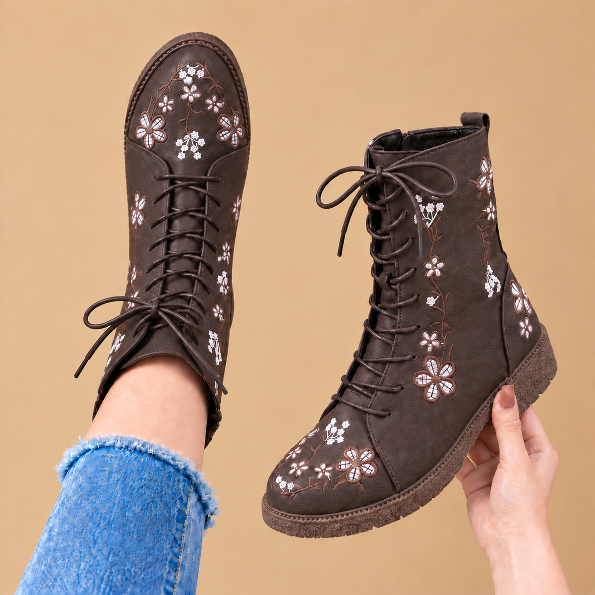 Elara – Floral Detail Lace-Up Boots