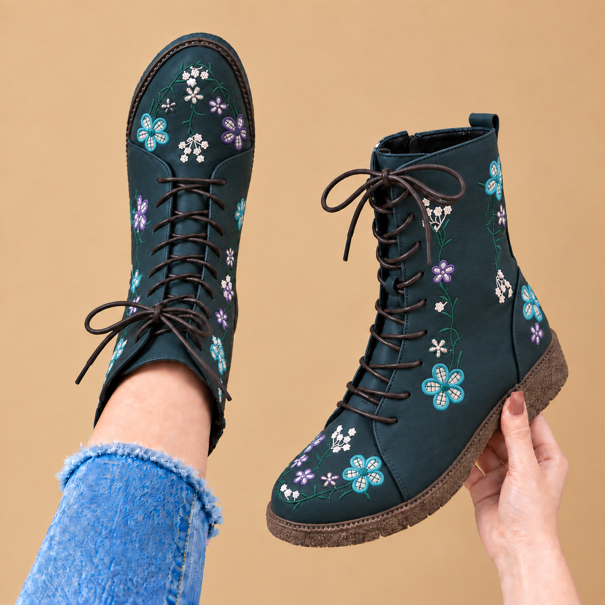 Elara – Floral Detail Lace-Up Boots