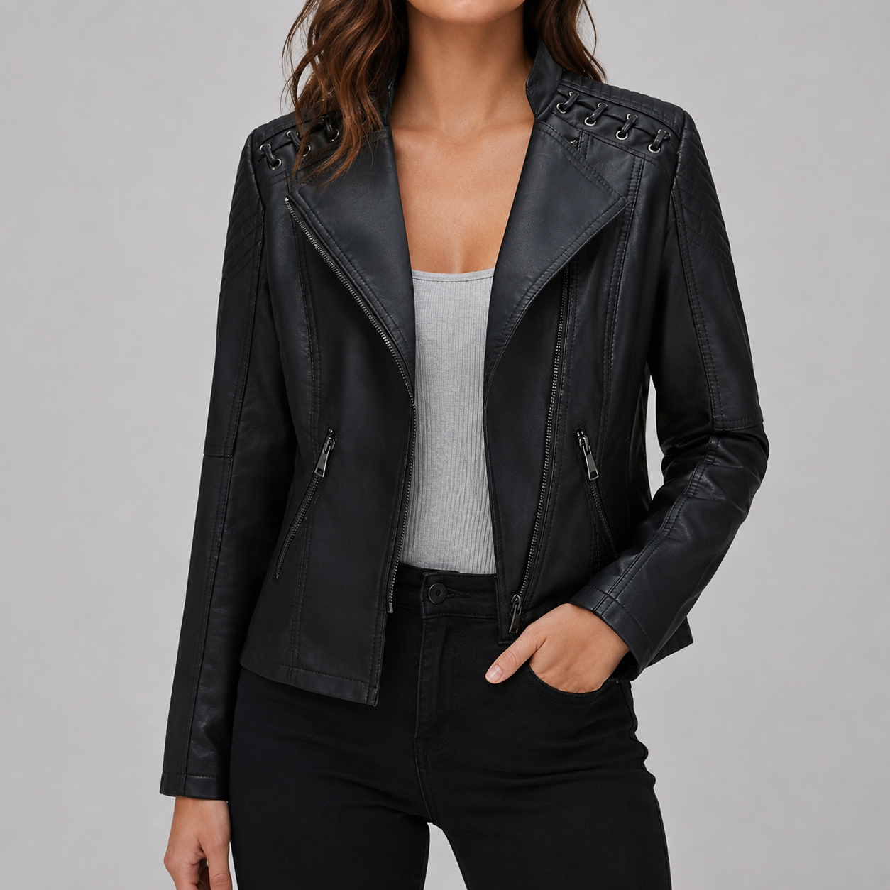 Marguerite™ | Women's Asymmetrical Grommet Moto Quilted Jacket