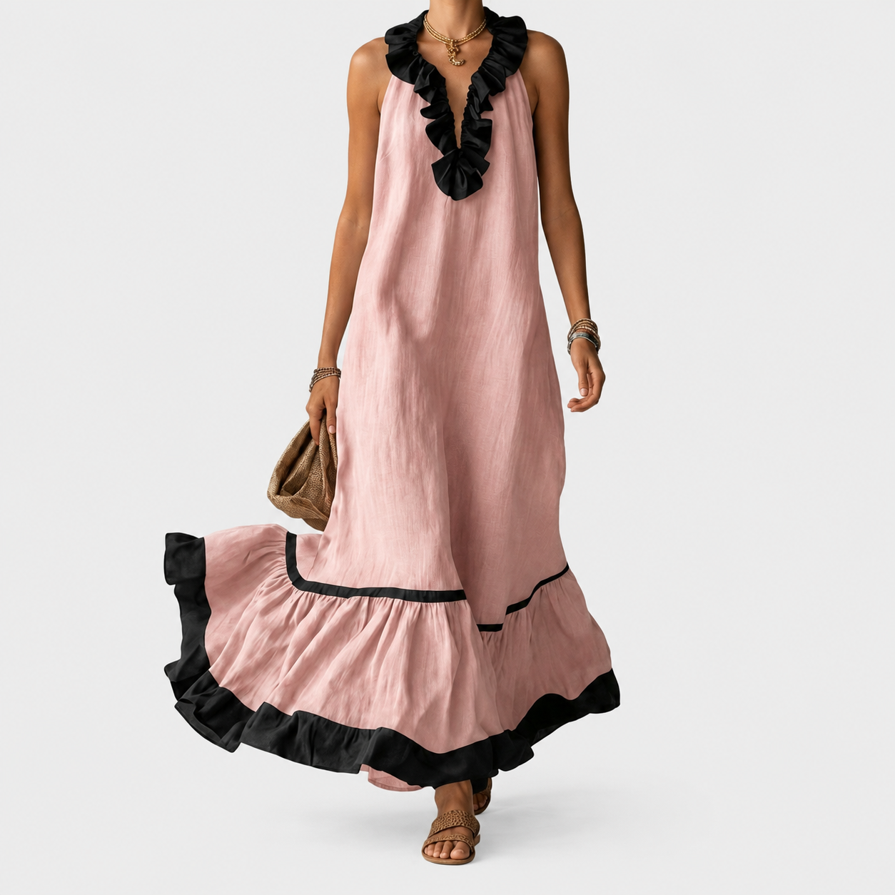 Mayline | Sleeveless Ruffle-Neck Contrast-Trim Maxi Dress