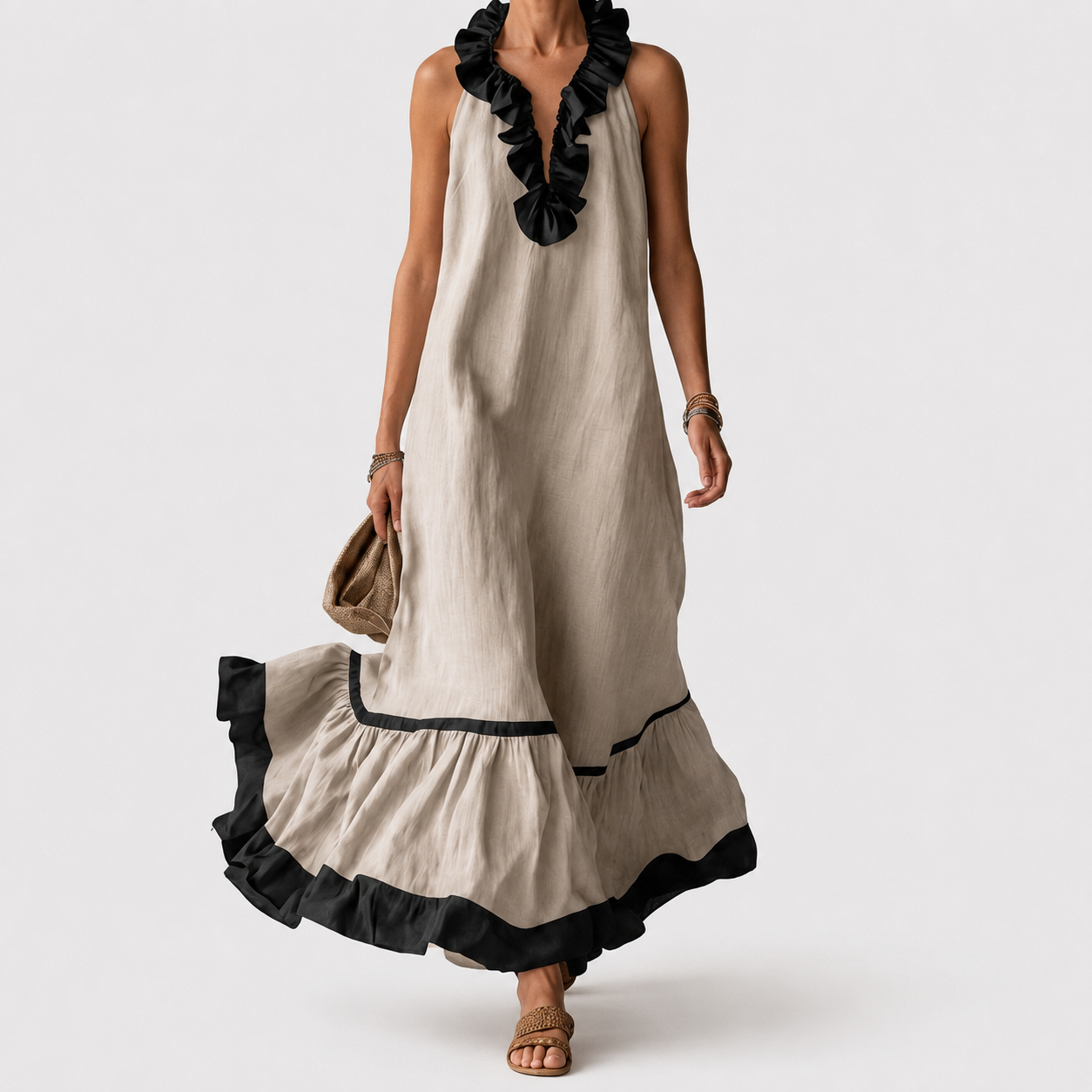 Mayline | Sleeveless Ruffle-Neck Contrast-Trim Maxi Dress