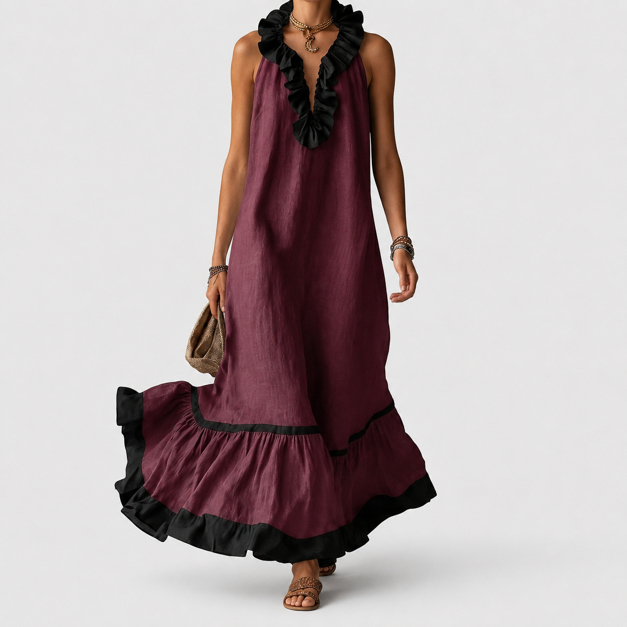 Mayline | Sleeveless Ruffle-Neck Contrast-Trim Maxi Dress