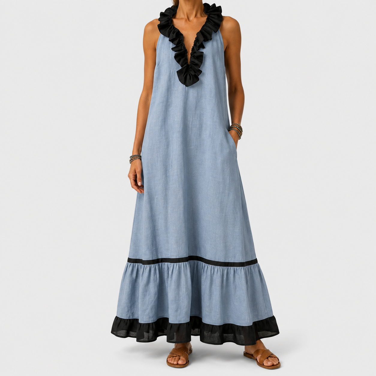 Mayline | Sleeveless Ruffle-Neck Contrast-Trim Maxi Dress