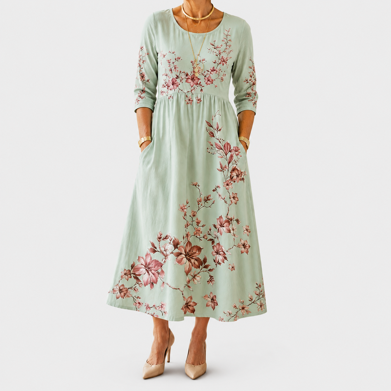 Sage Blossom Grace Pocket Midi Dress