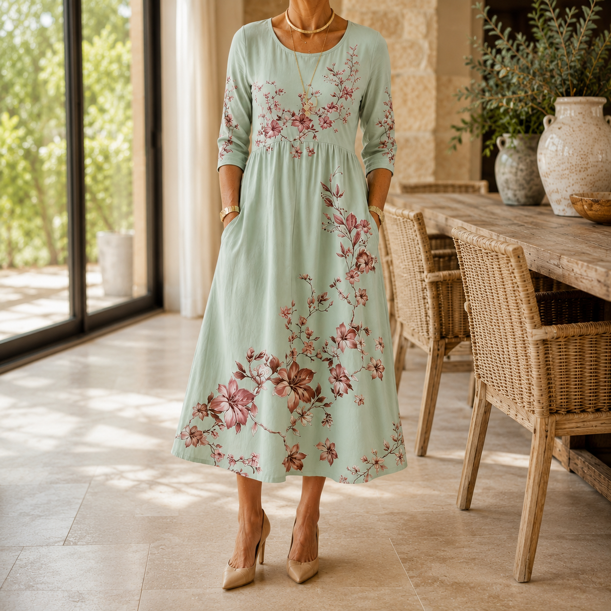 Sage Blossom Grace Pocket Midi Dress