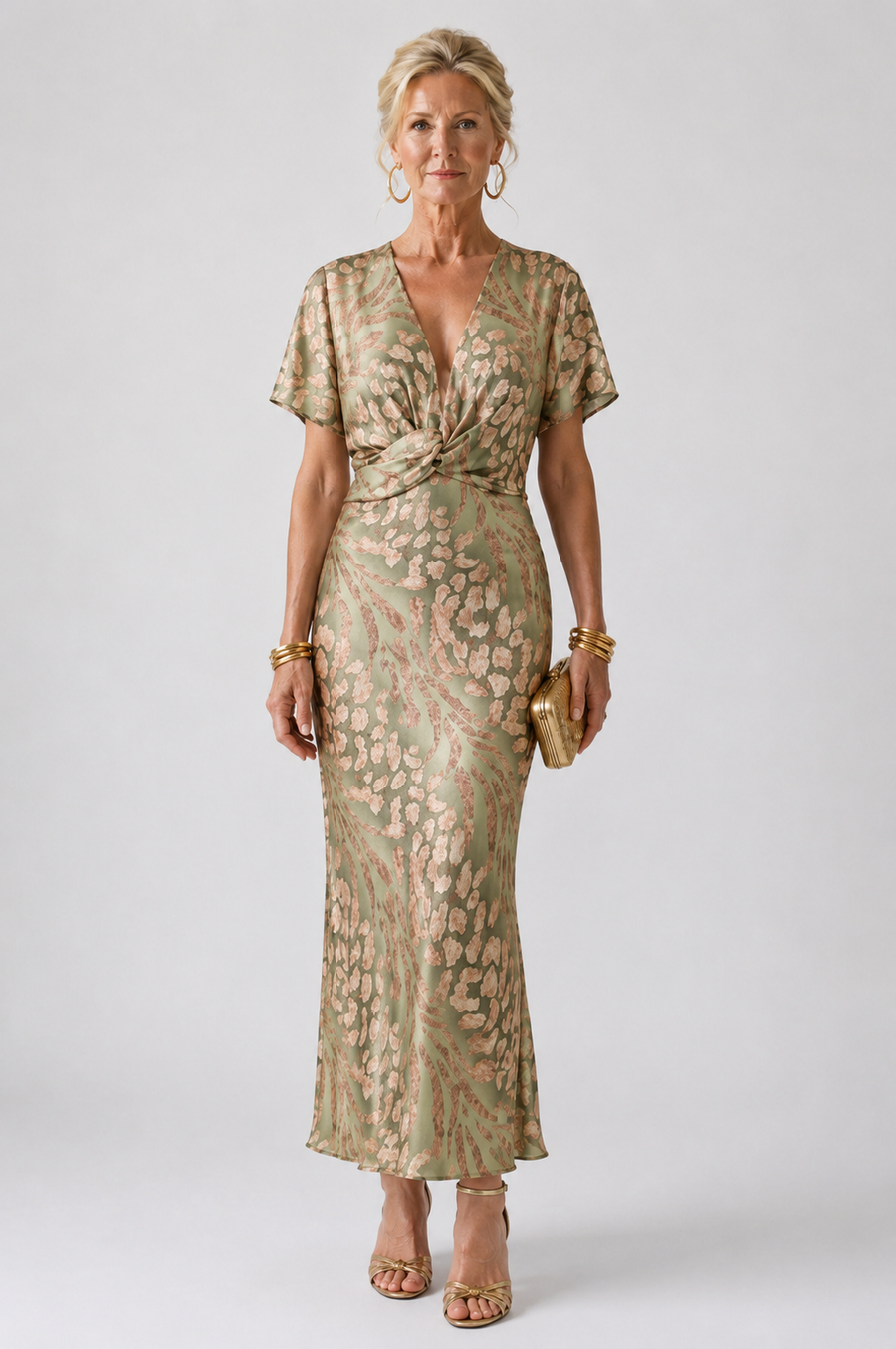 Abstract Print V Neck Twist Waist Midi Dress