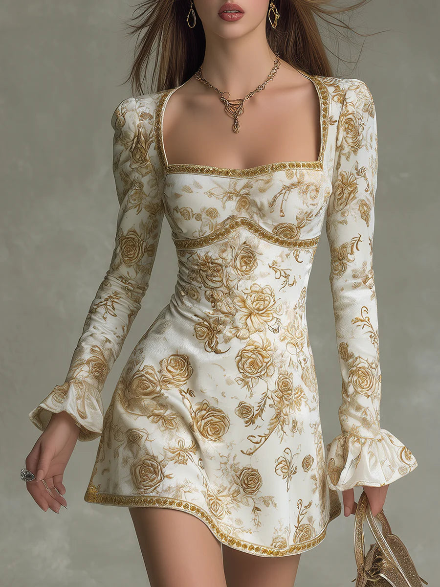 Gertrude | Elegant Vintage Style Rose Print Velvet Mini Dress
