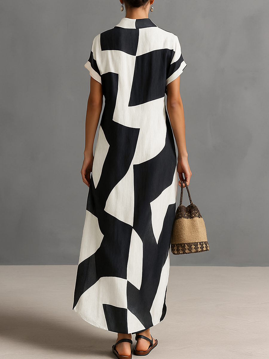Monica – Geometric Print Button-Front Maxi Dress