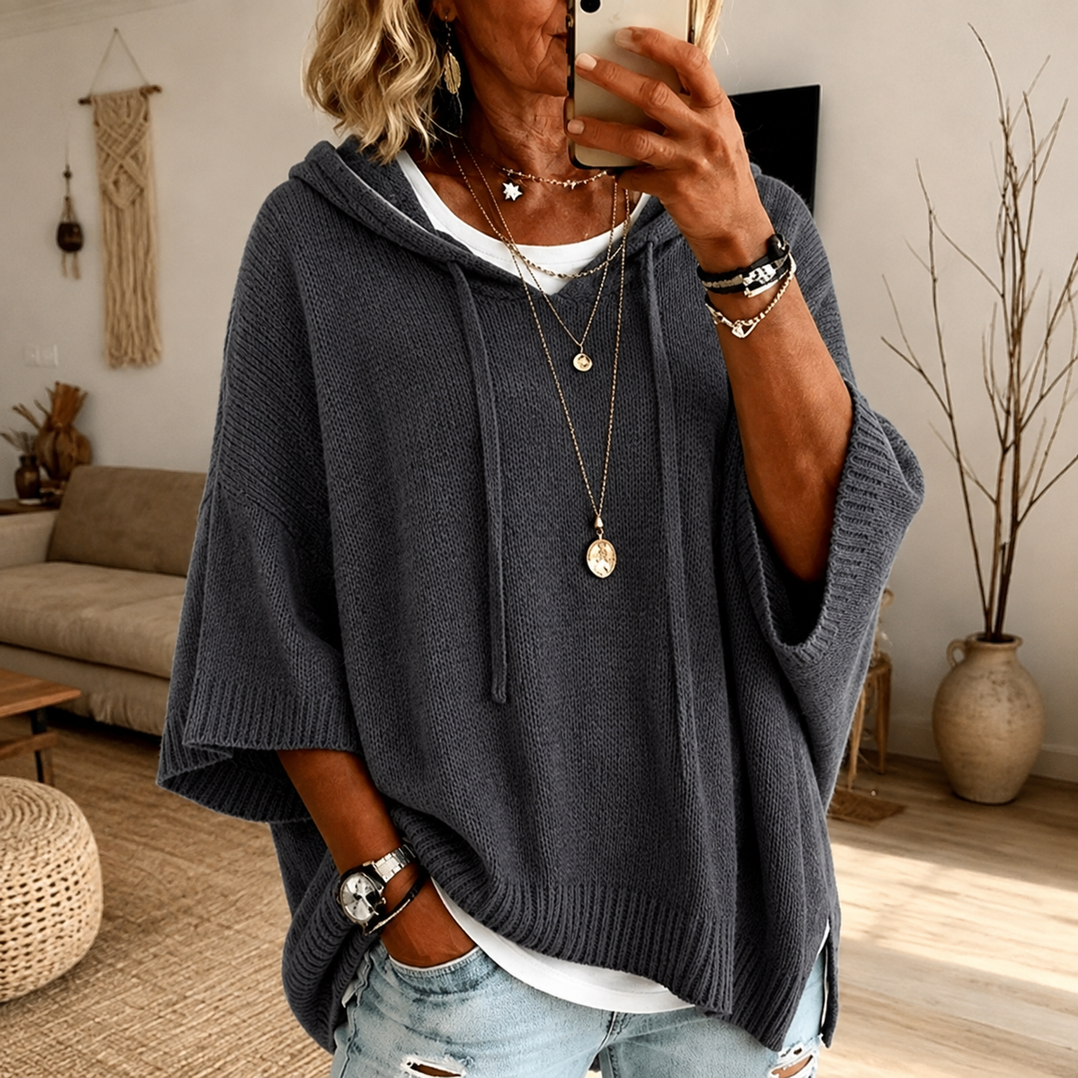 Camille – Charcoal Poncho Sweater