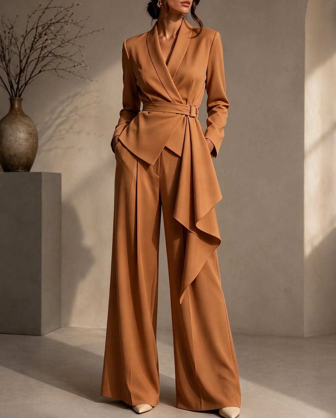 Belted Draped Wrap Blazer Wide-Leg Pants Set
