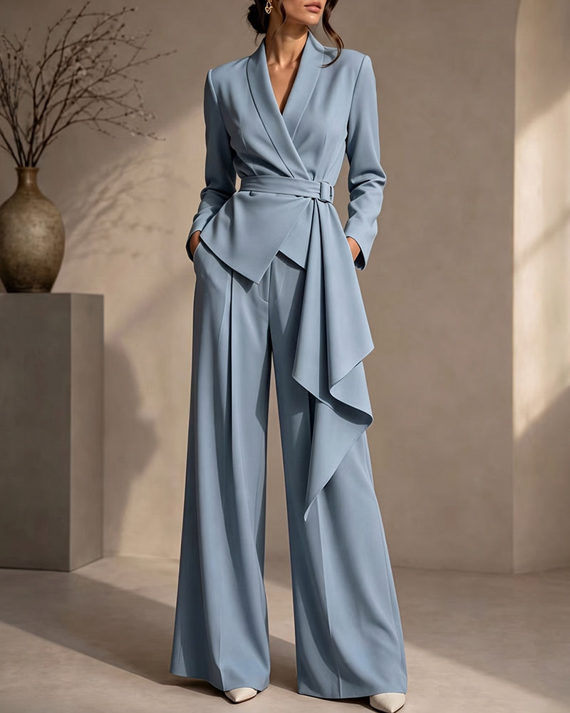 Belted Draped Wrap Blazer Wide-Leg Pants Set