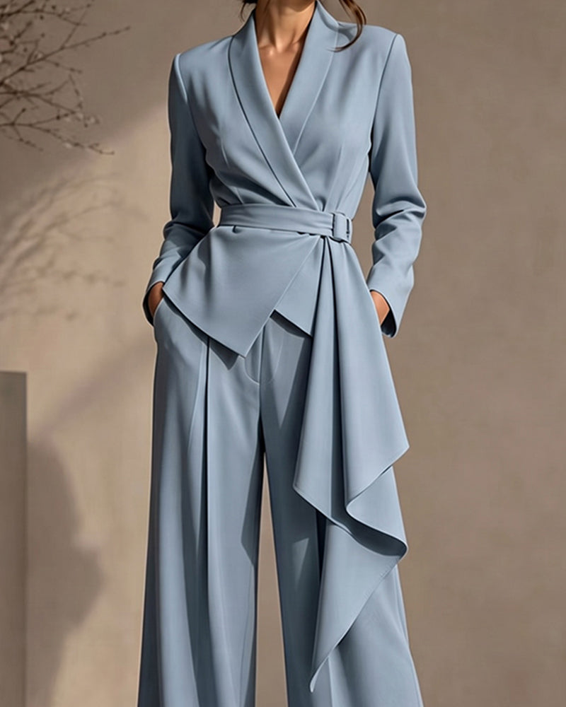Belted Draped Wrap Blazer Wide-Leg Pants Set