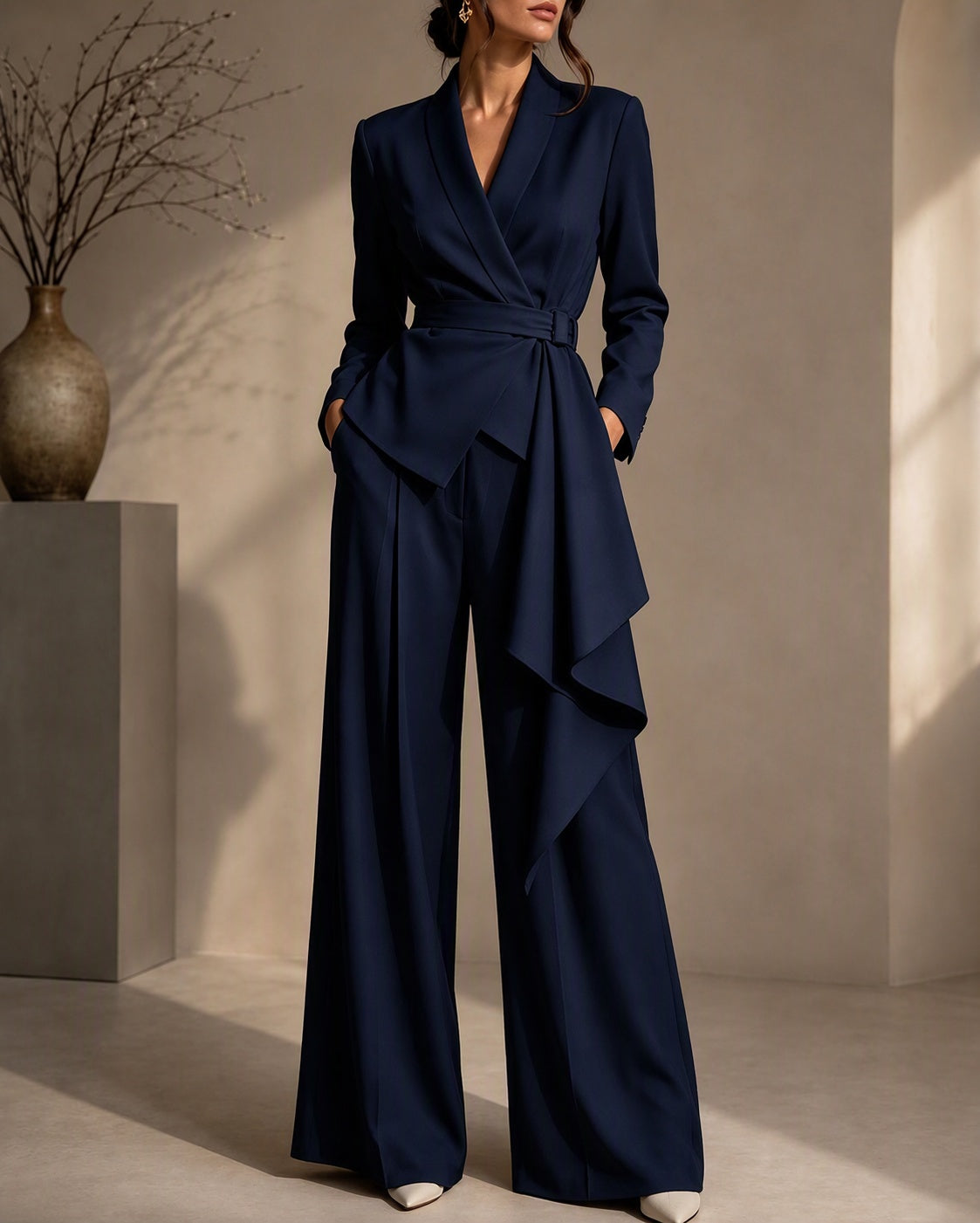 Belted Draped Wrap Blazer Wide-Leg Pants Set