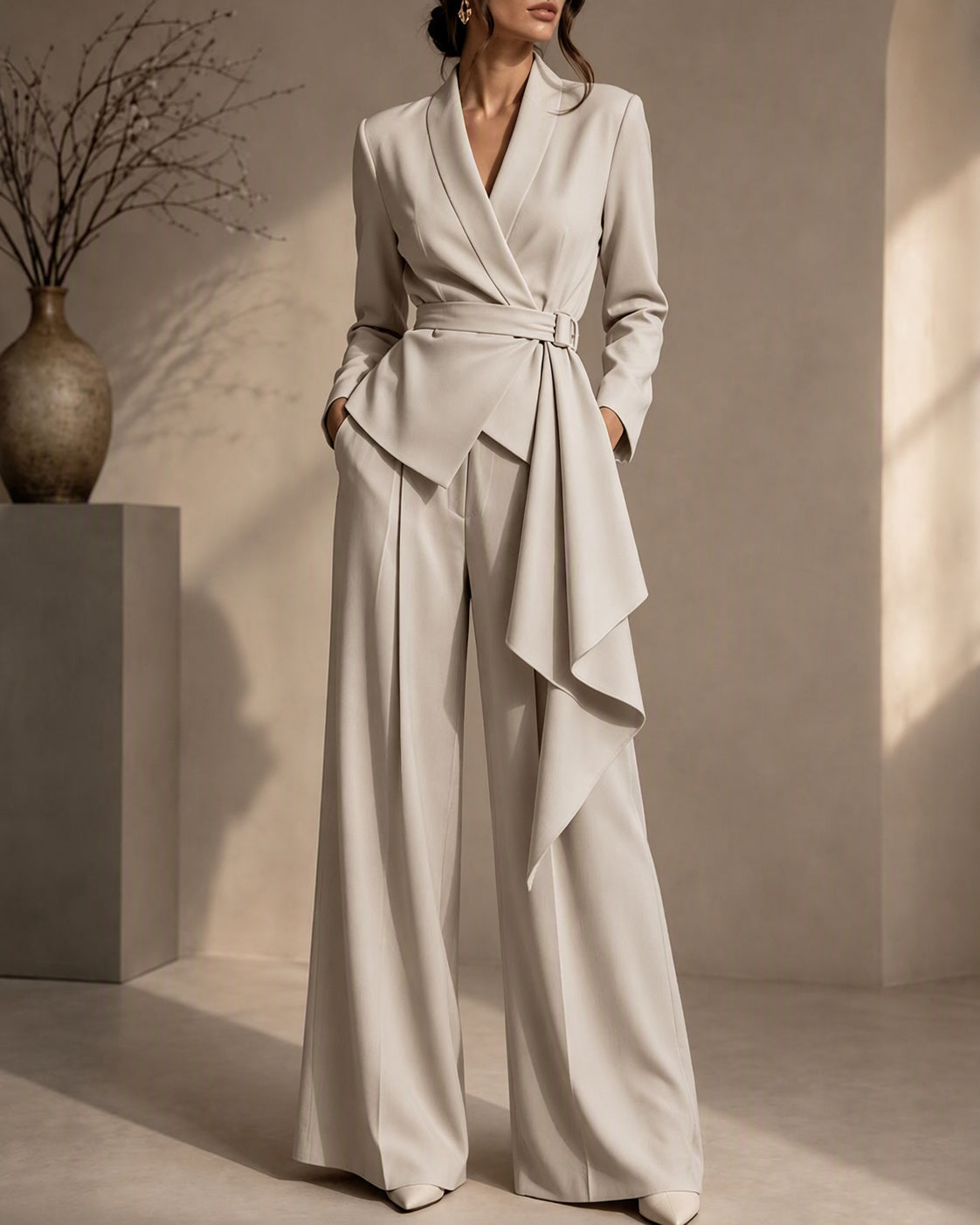 Belted Draped Wrap Blazer Wide-Leg Pants Set