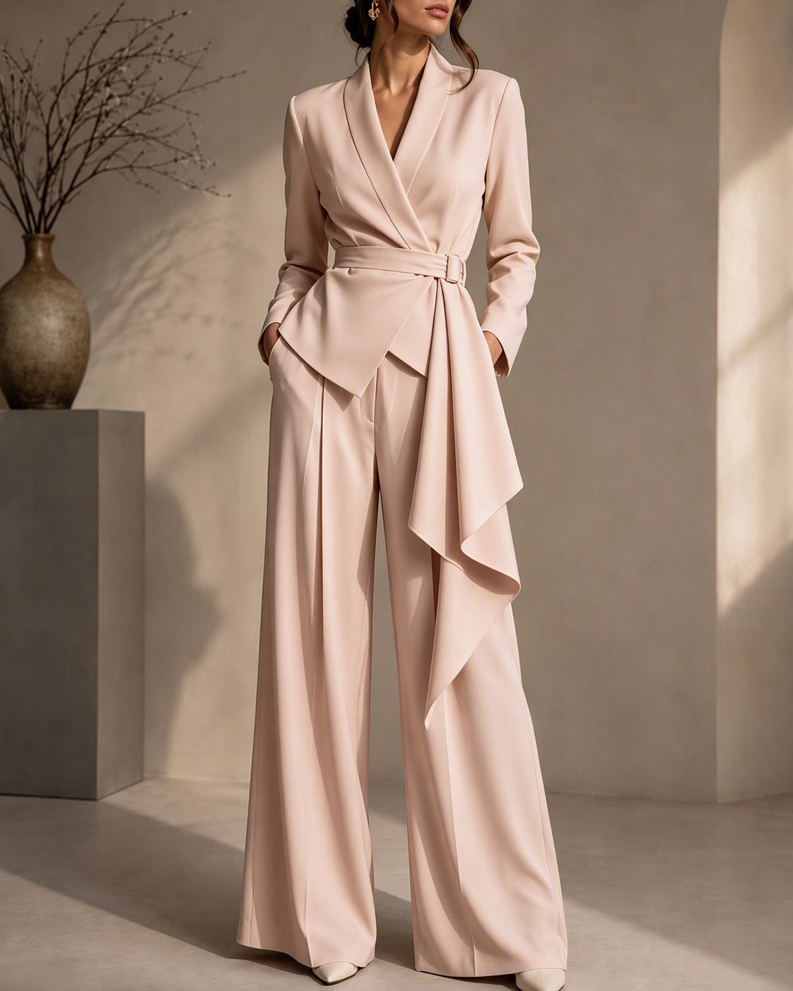 Belted Draped Wrap Blazer Wide-Leg Pants Set