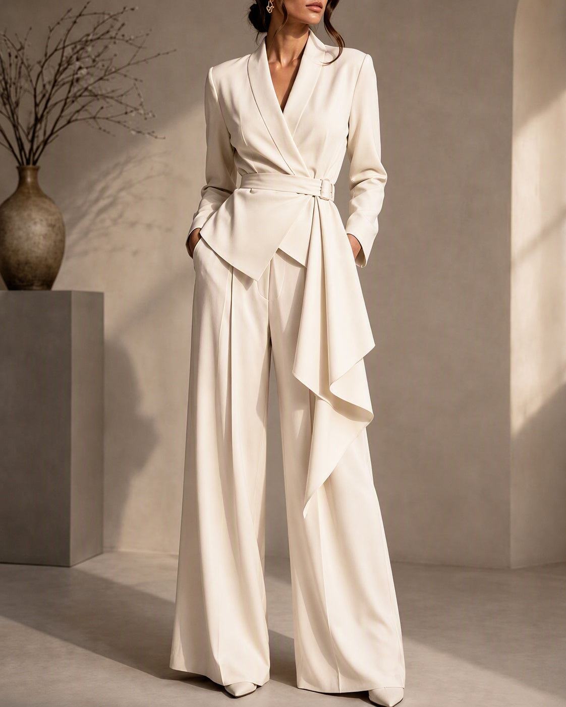 Belted Draped Wrap Blazer Wide-Leg Pants Set