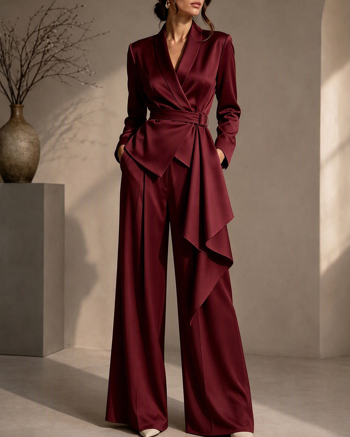 Belted Draped Wrap Blazer Wide-Leg Pants Set