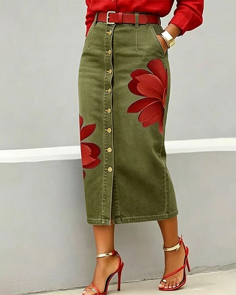 Adele – Floral Button-Front Denim Midi Skirt