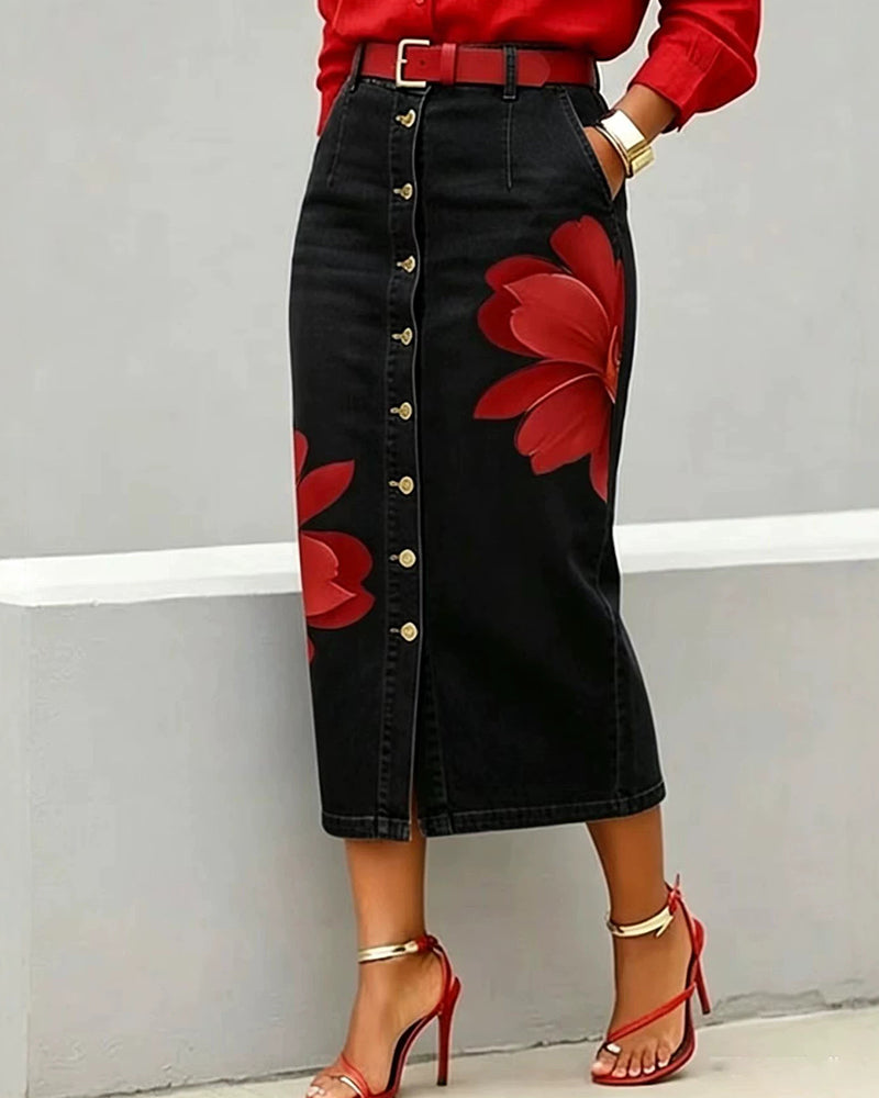 Adele – Floral Button-Front Denim Midi Skirt