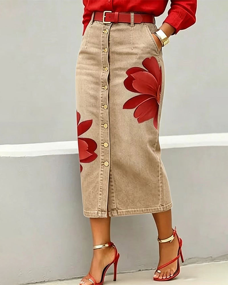 Adele – Floral Button-Front Denim Midi Skirt
