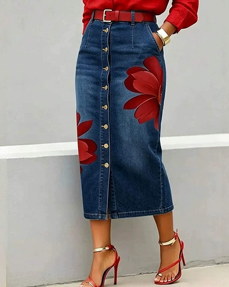 Adele – Floral Button-Front Denim Midi Skirt