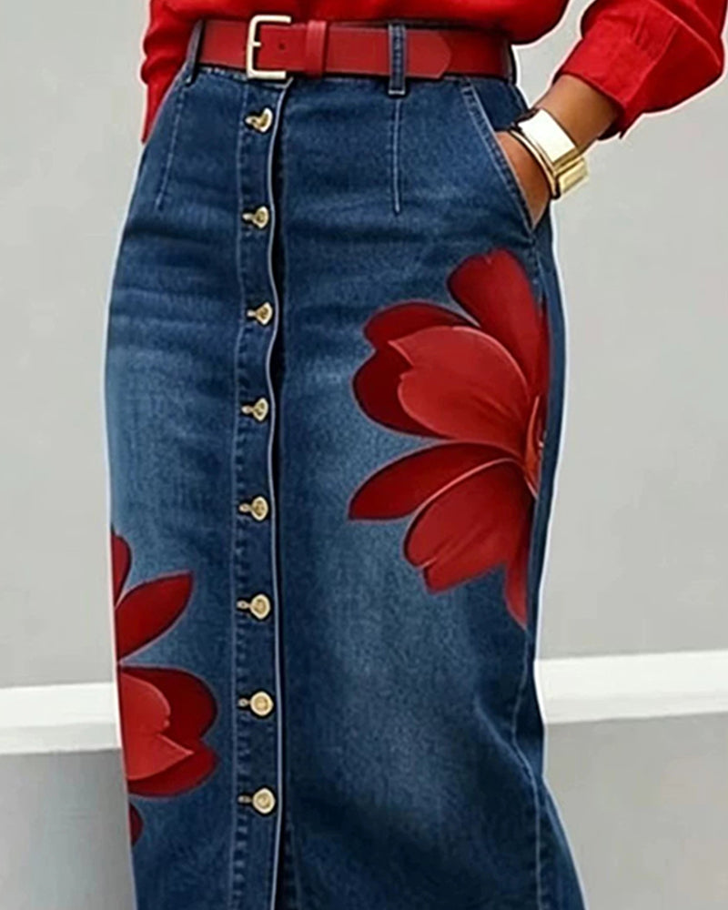 Adele – Floral Button-Front Denim Midi Skirt