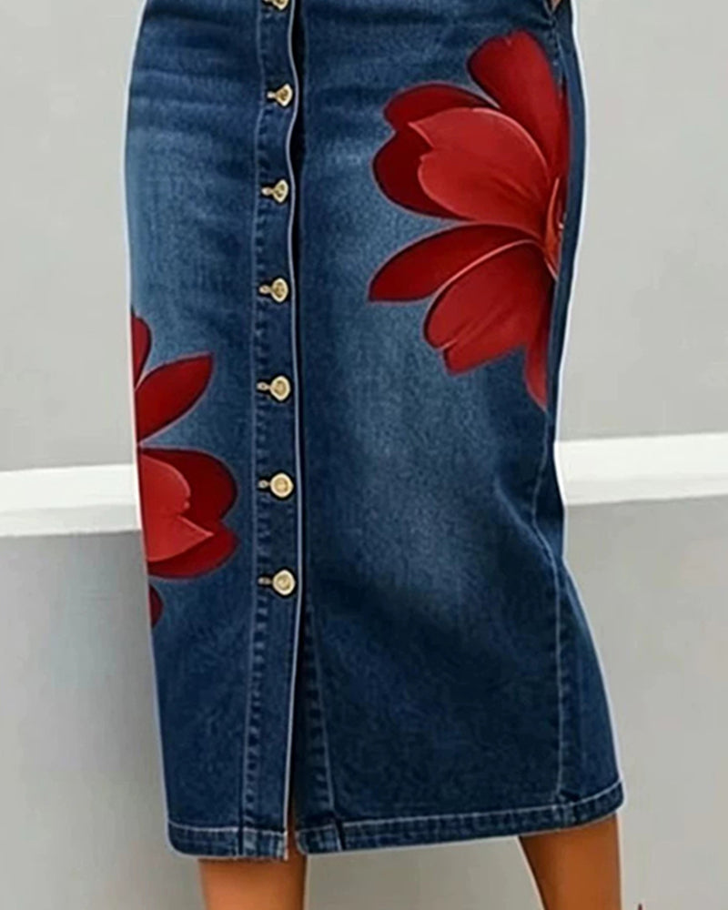 Adele – Floral Button-Front Denim Midi Skirt