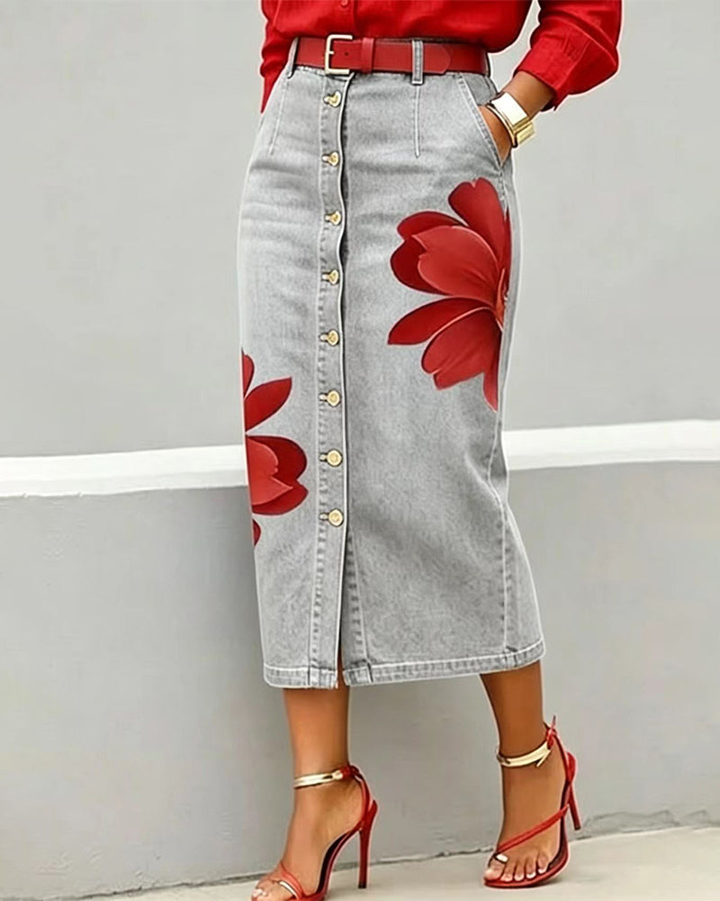Adele – Floral Button-Front Denim Midi Skirt