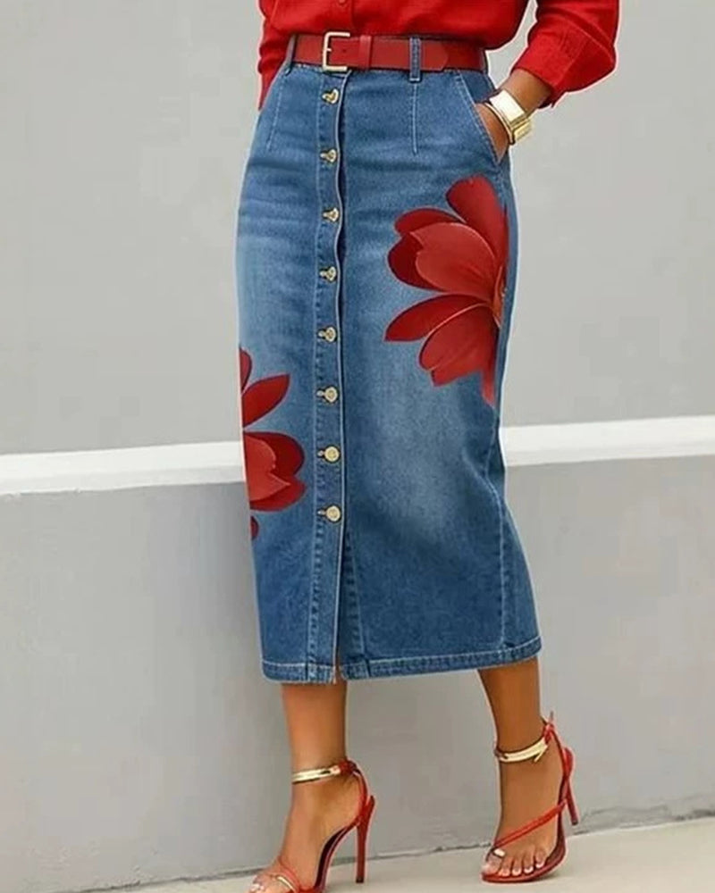 Adele – Floral Button-Front Denim Midi Skirt