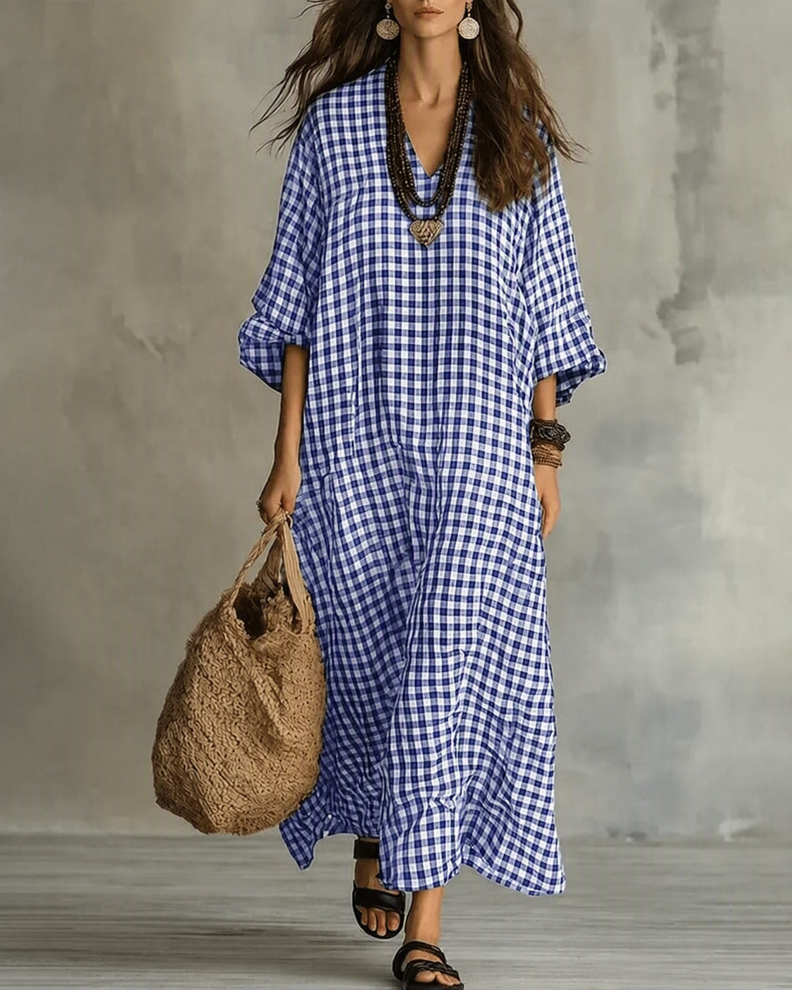 Harper – Relaxed Plaid V-Neck Maxi Dress