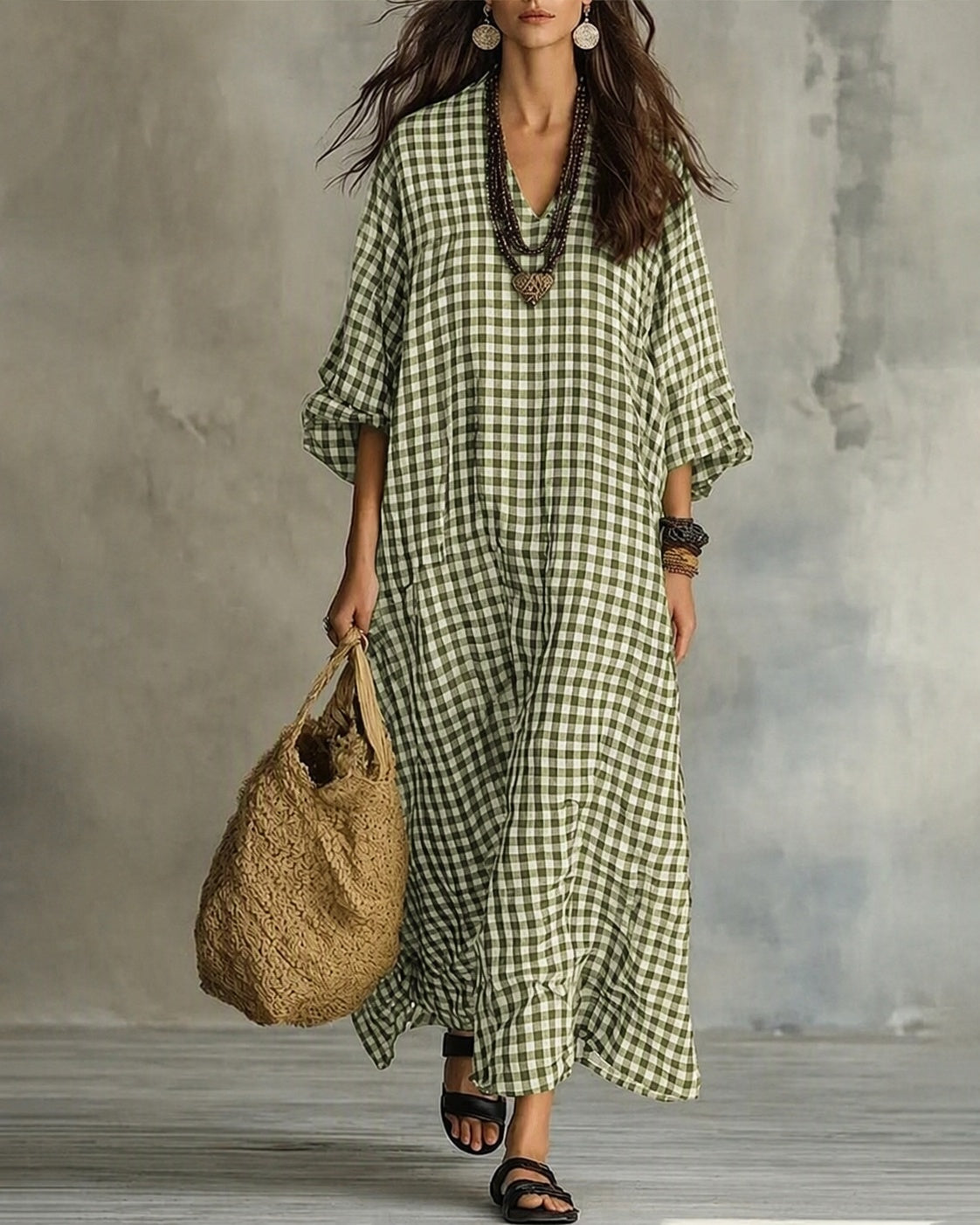 Harper – Relaxed Plaid V-Neck Maxi Dress