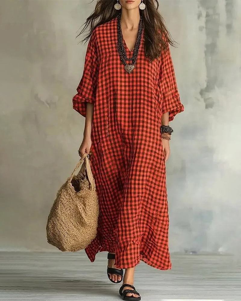 Harper – Relaxed Plaid V-Neck Maxi Dress