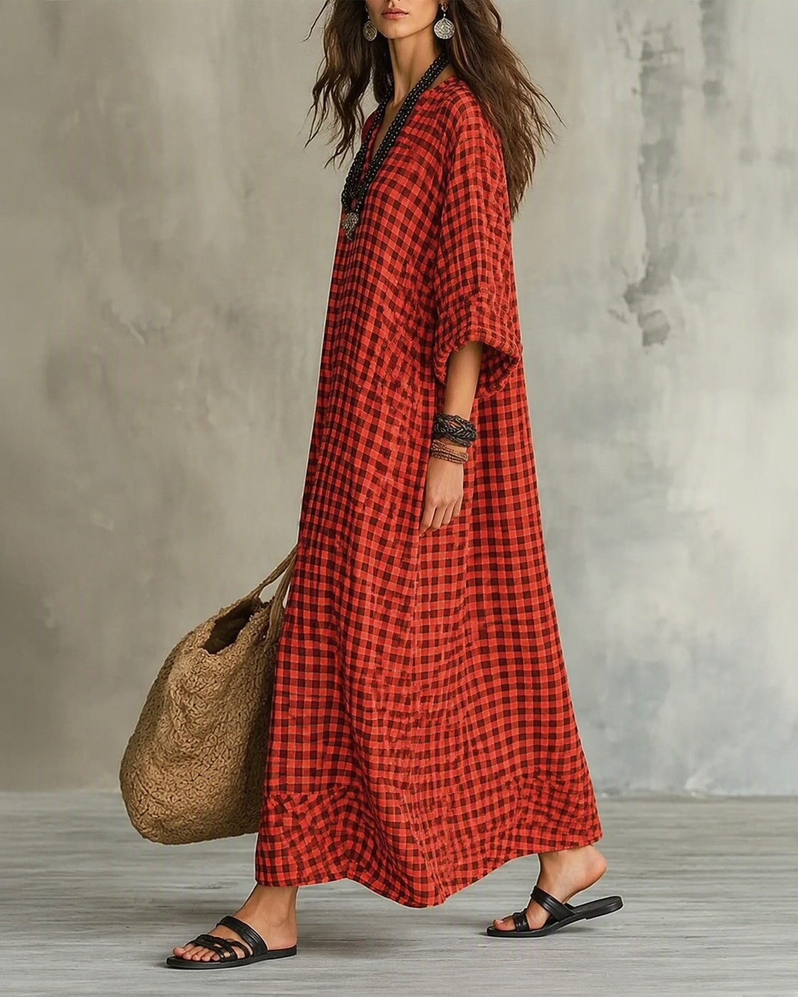 Harper – Relaxed Plaid V-Neck Maxi Dress