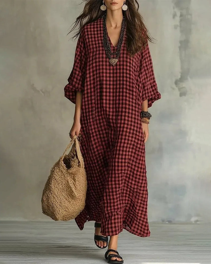 Harper – Relaxed Plaid V-Neck Maxi Dress