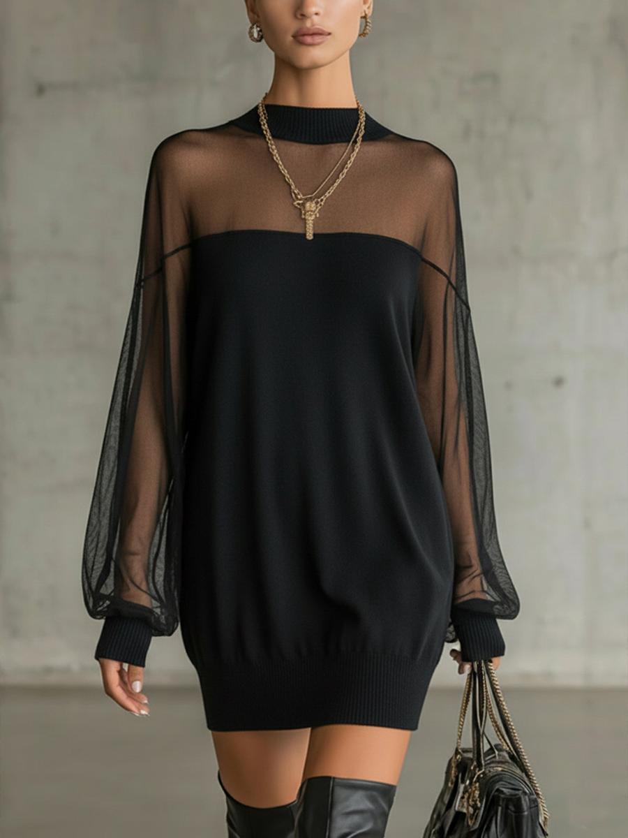 Lois | Black Mini Dress with Sheer Mesh Sleeves and High Neck