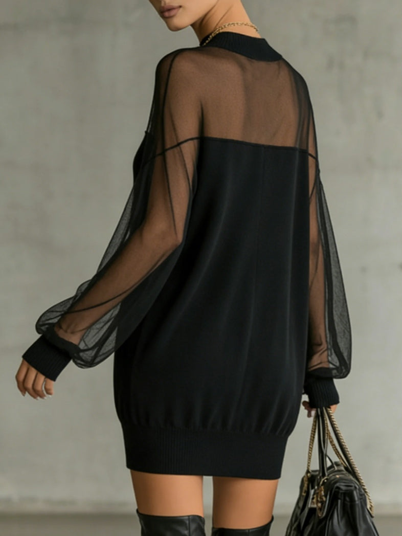 Lois | Black Mini Dress with Sheer Mesh Sleeves and High Neck