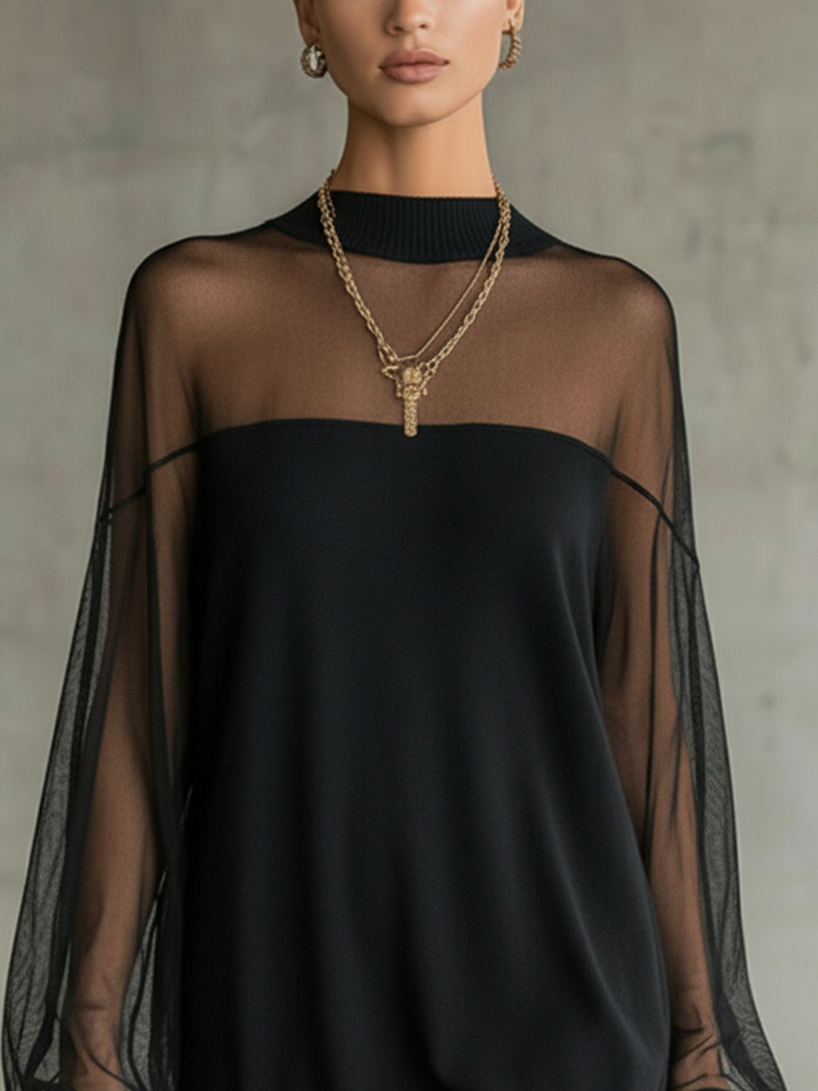 Lois | Black Mini Dress with Sheer Mesh Sleeves and High Neck