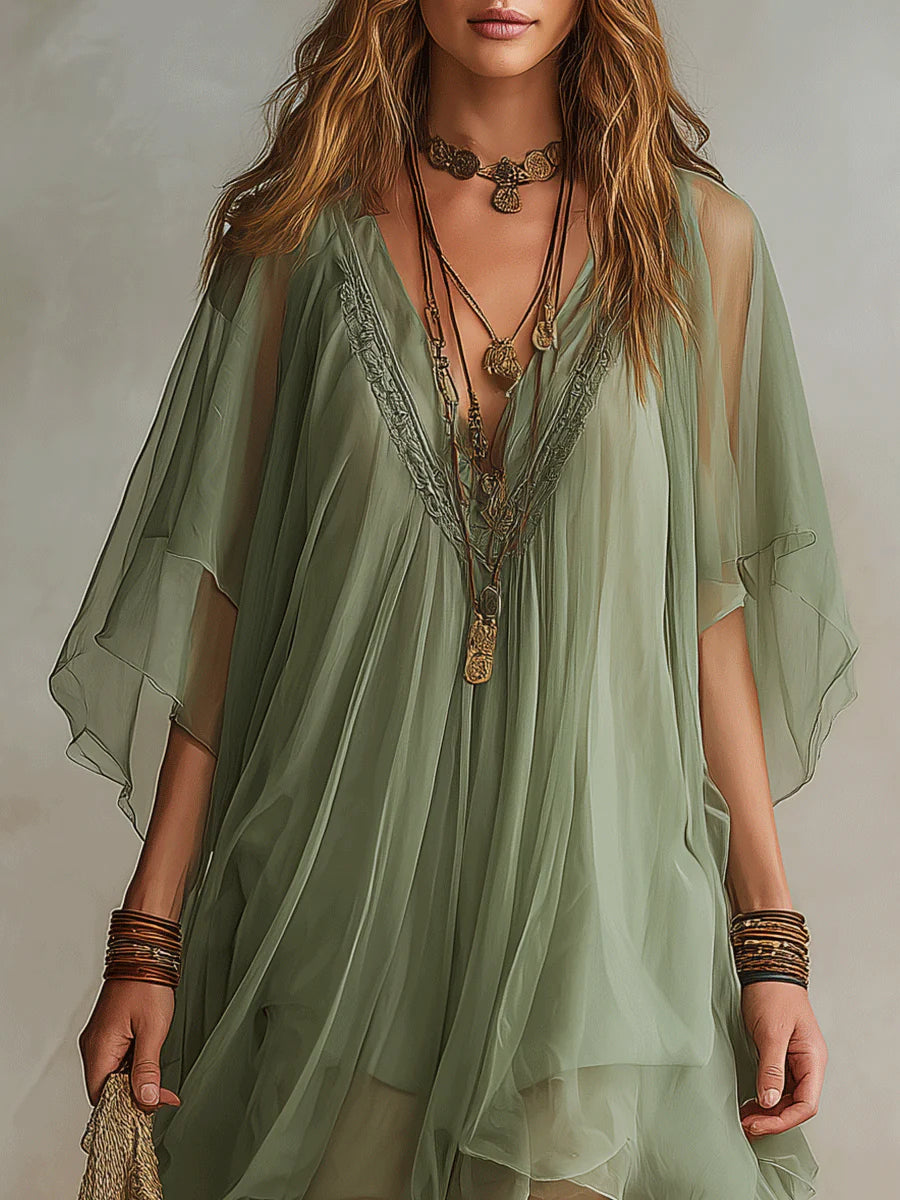 Beverly | Layered fluid mini dress with V-neck in green