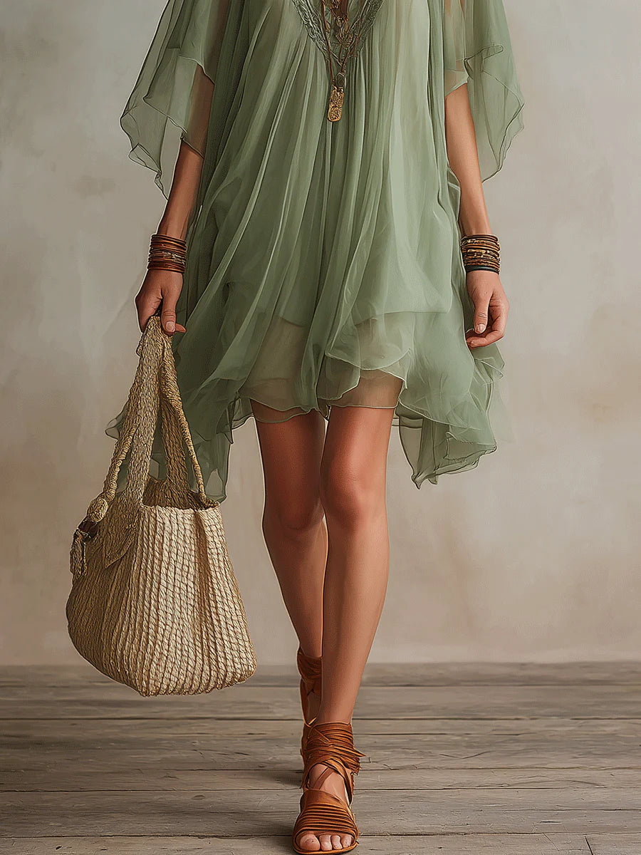 Beverly | Layered fluid mini dress with V-neck in green