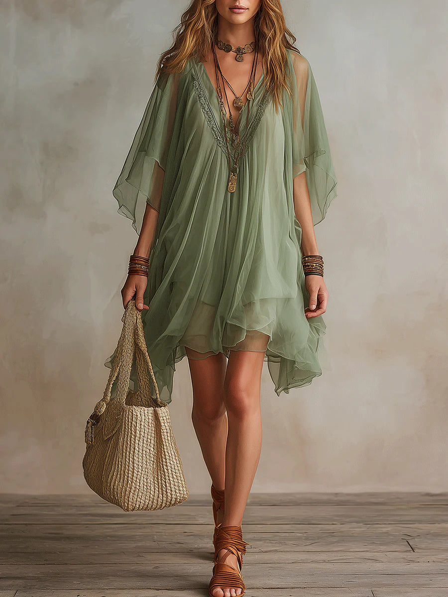 Beverly | Layered fluid mini dress with V-neck in green