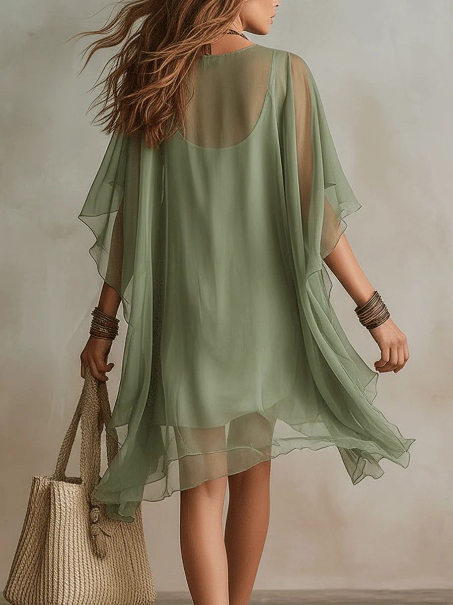 Beverly | Layered fluid mini dress with V-neck in green