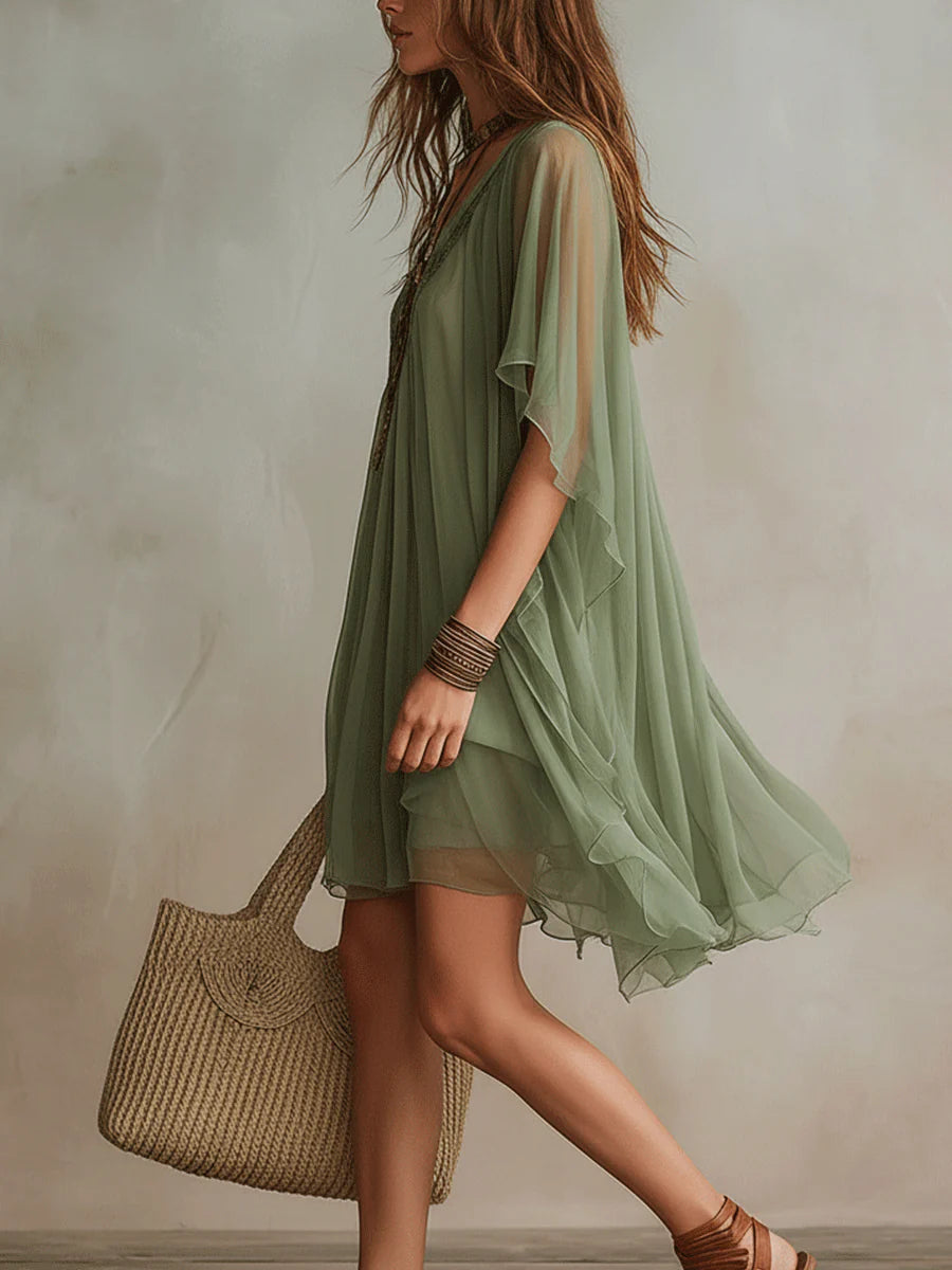 Beverly | Layered fluid mini dress with V-neck in green