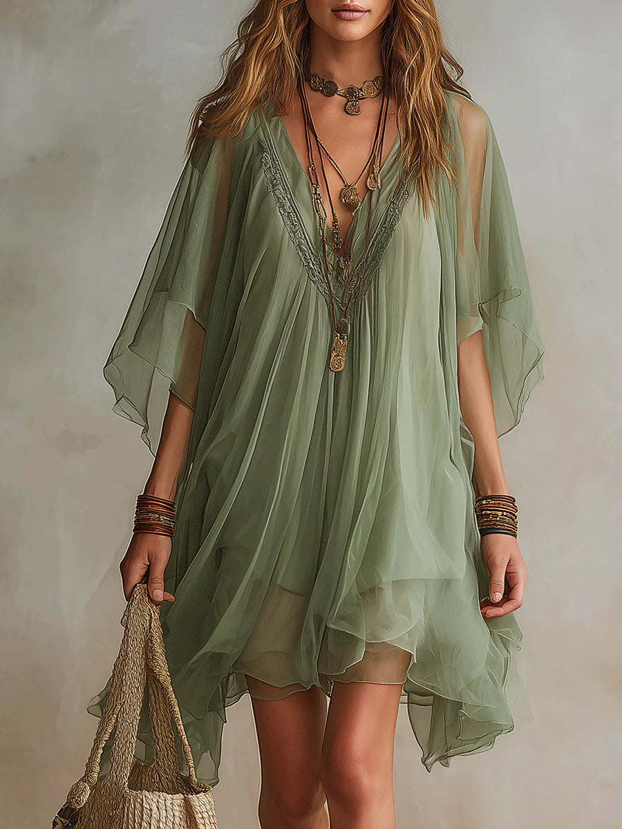 Beverly | Layered fluid mini dress with V-neck in green