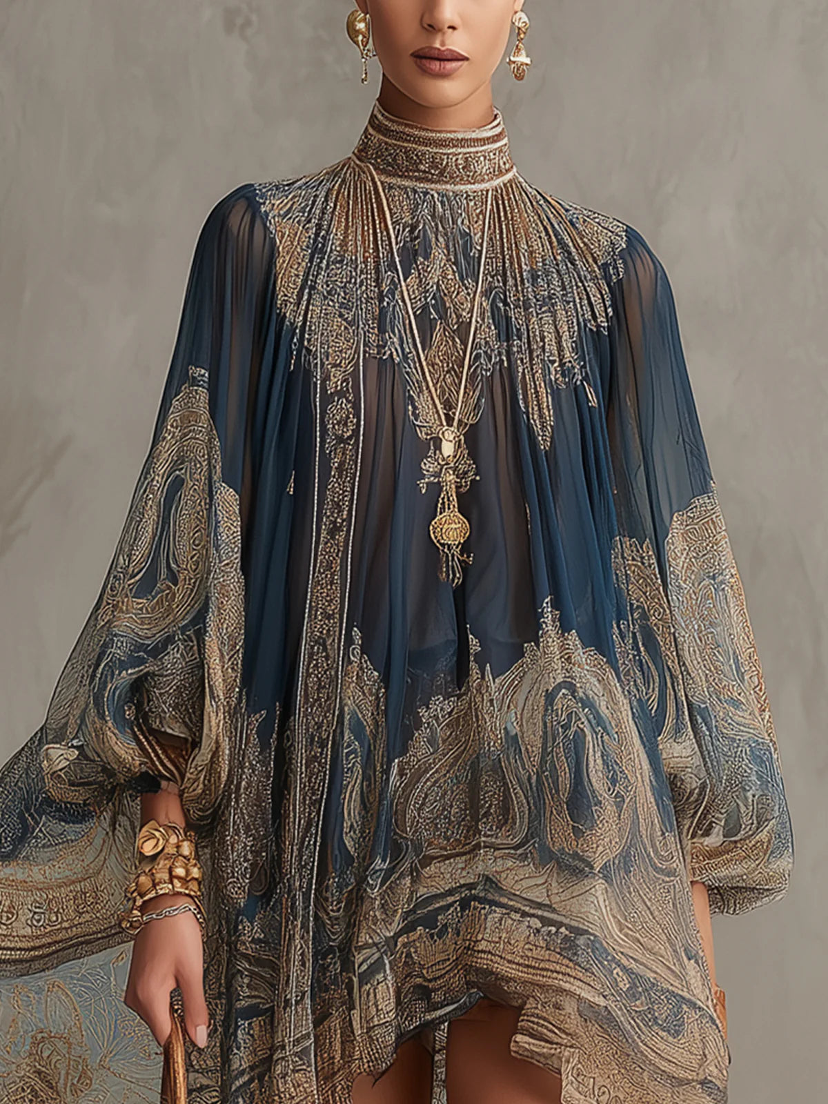 Joyce | Irregular Mini Dress with Navy Blue Baroque Print and High Collar