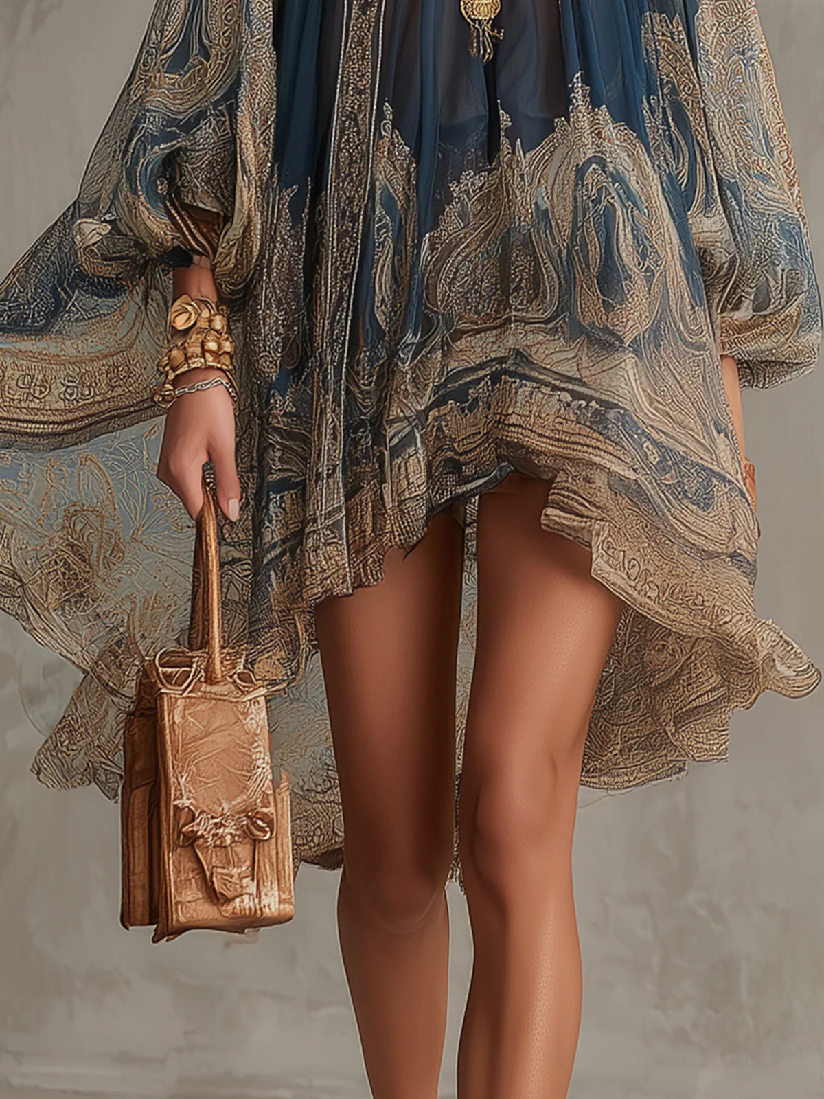 Joyce | Irregular Mini Dress with Navy Blue Baroque Print and High Collar