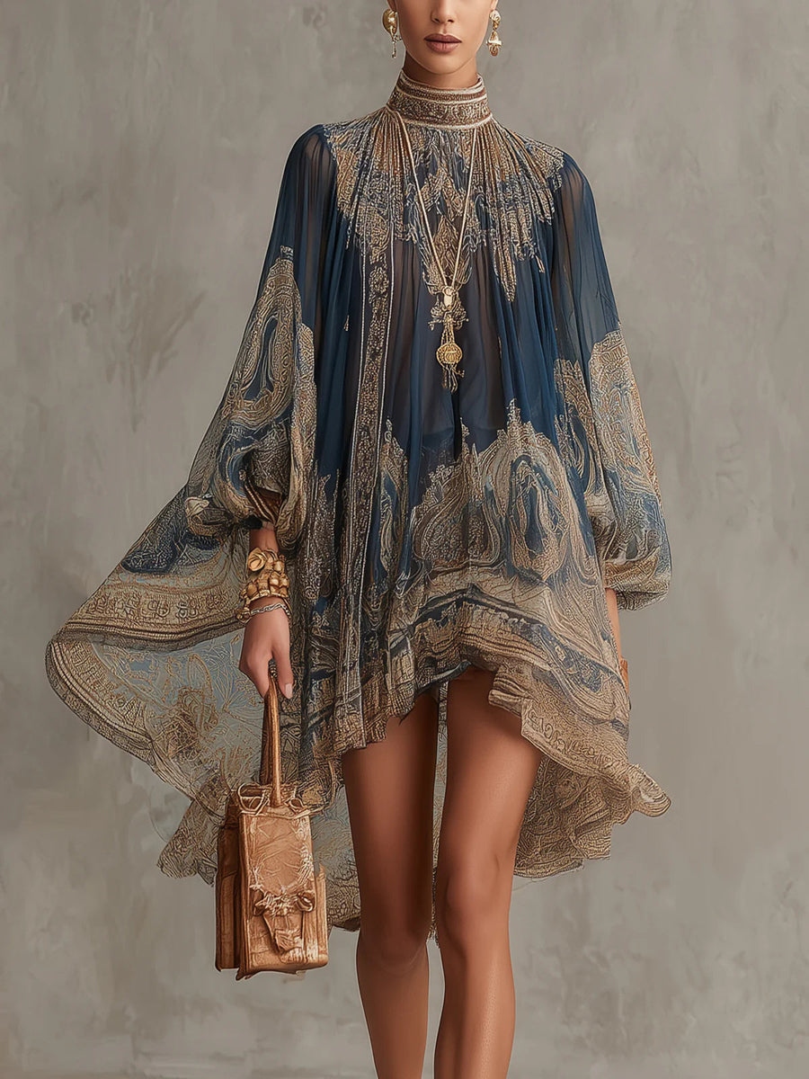 Joyce | Irregular Mini Dress with Navy Blue Baroque Print and High Collar