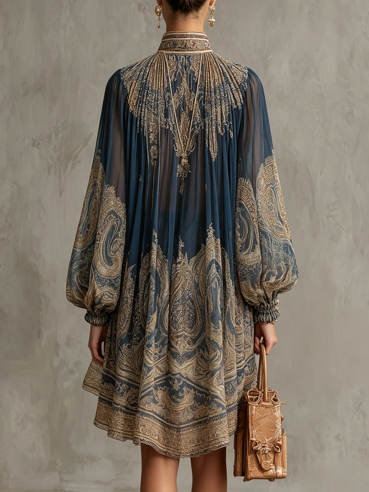 Joyce | Irregular Mini Dress with Navy Blue Baroque Print and High Collar