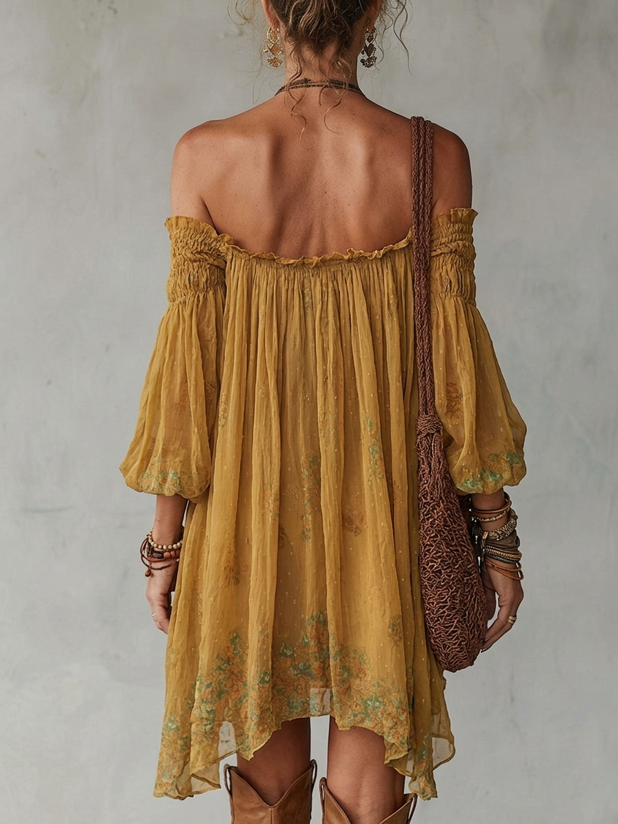 Carol Ann | Yellow Floral Chiffon Mini Dress Off Shoulder